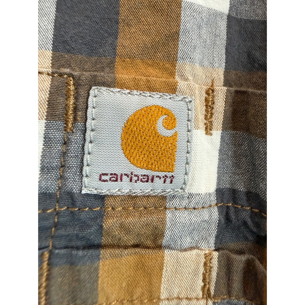 Carhartt Mens Large Short Sleeve Plaid Button Down Shirt Brown Navy 103005 211 - Picture 4 of 8